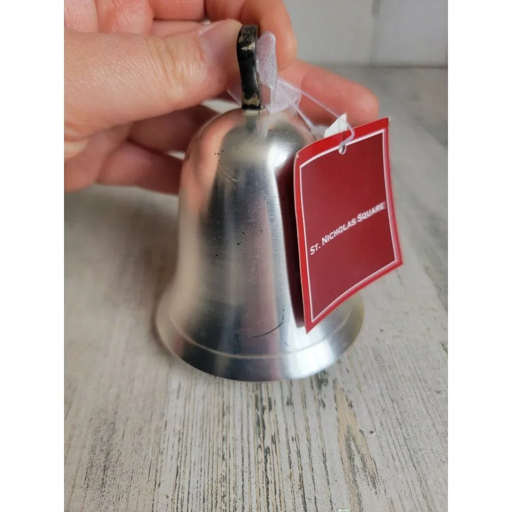 Vintage St Nicholas square bronze ornament‎ Silver Bell Xmas
